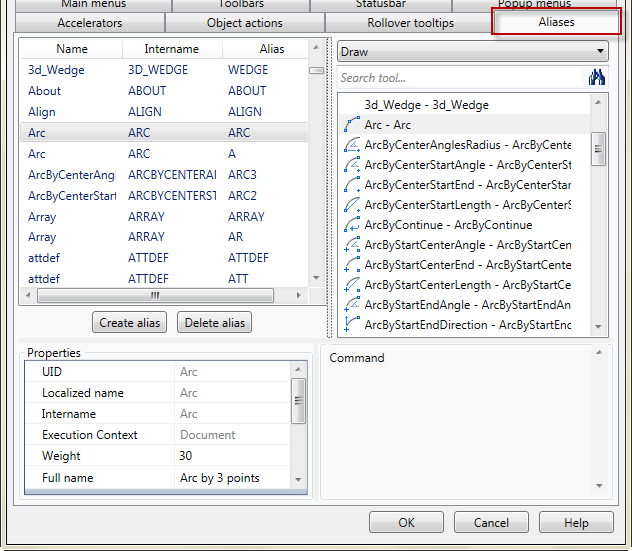 CAD drafting Aliases Tab 0