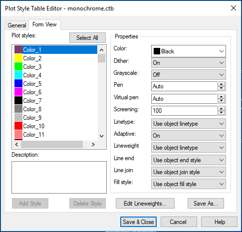 CAD drafting Plot Style Manager 12
