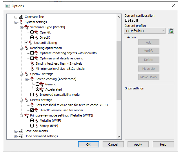 CAD drafting Graphic Subsystem Settings 0