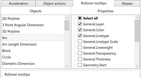 CAD software Rollover Tooltips Tab 1