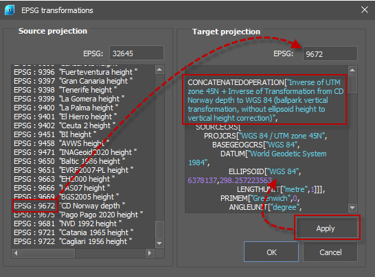 CAD software Recalculation of point cloud coordicates by EPSG 7